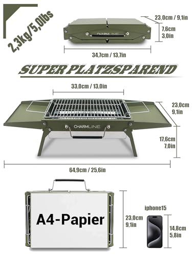 Charmline Tragbarer Holzkohlegrill, Klappbarer Campinggrill 35 x 23 cm für 1–3 Personen, Mini BBQ Grill für Balkon, Garten, Camping, Picknick und Strand, Grün 4