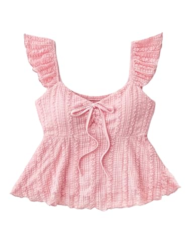 Girl's Lace Ruffle Cap Sleeve Tops Bowknot Sweetheart Neck T Shirt Babydoll Peplum Tee Top