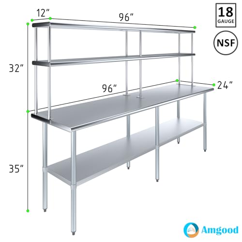 Image of AmGood Stainless Steel Work Table with 12 inch Wide Double Tier Overshelf | Metal Kitchen Prep Table & Shelving Combo | NSF (Stainless Steel Table with Double Overshelves, 96 inch Long x 24 inch Deep)