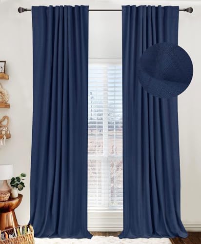 Image of Linen Textured Total Blackout Curtains for Bedroom 72 Inches Long, Navy