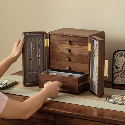 NHDVDVAV Joyero rústico de Madera, Vitrina de Madera de Nogal Negro, Organizador de Joyas de 5 Niveles para Pendientes, Anillos, Pulseras, Mujeres y niñas - imagen 8