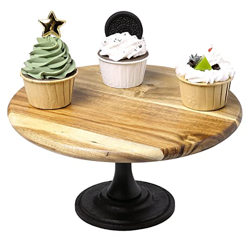 Mygift 11 Inch Natural Acacia Solid Wood Round Cake Stand, Dessert Cupcake Display Server Platter With Black Footed Turned Pedestal Base #TOP1