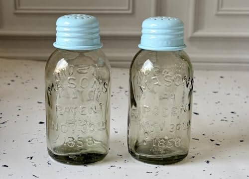 Image of JISCOVERY Salt and Pepper Dispenser Set for Dinning Table with Stand| Glass Bottom Spice Shaker Set with Metal Holder| Spice Sprinklers| 100 ML Each (Blue)