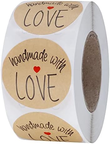 Hybsk 500pcs 1.5 Inch Kraft Handmade with Love Stickers with Red Heart for Small Business Baked Packaging (Type 1)