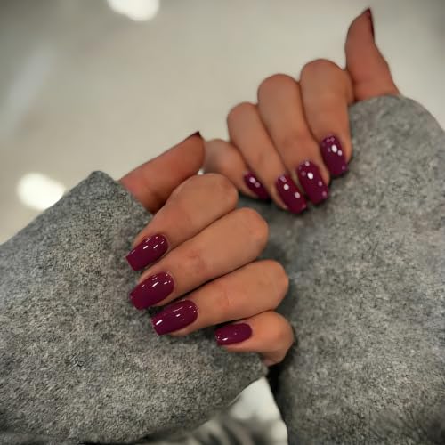 KXAMELIE Berry Red Press on Nails Medium Square, Soft Gel Fake Nails Short Coffin, Glossy Full Cover Acrylic Nails Press on with Nail Glue, Reusable Glue on Nail for Women, Easy to Apply, 28 Pcs