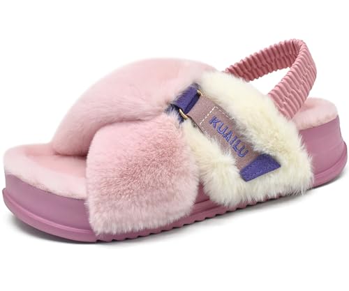 Image of KuaiLu Womens Fuzzy Criss Cross Band Platform Slippers Back Strap Arch Support Furry Faux Fur Ladies Open Toe Slingback Slide Cozy Soft Plush Fleece Comfy House Shoes Sandals Indoor Outdoor Pink 9