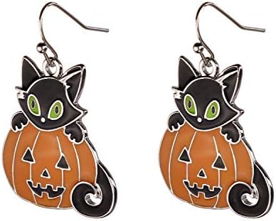 Lux Accessories Halloween Orange Pumpkin Black Kitty Cat Silvertone Dangle Earrings