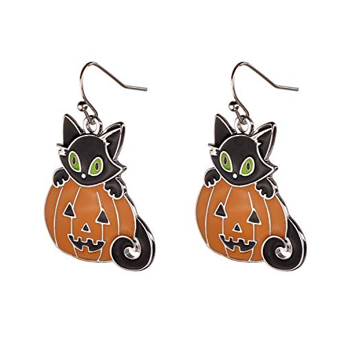 Lux Accessories Halloween Orange Pumpkin Black Kitty Cat Silvertone Dangle Earrings
