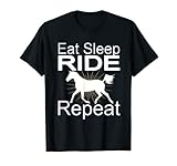 Divertida camiseta que dice comer dormir y repetir. Para cada jinete de caballo, que no puede obtener suficiente de montar. Para cada jinete no importa qué caballo tengas: pintar caballo, caballo de carreras, poni. Es ideal para cualquier ecuestre y jinete