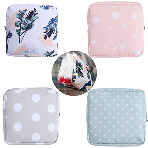 4PCS Sanitary Napkin Storage Bag, Portable Period Bag for Women Teen Girls Menstrual Pads Pouch Nursing Pad Holder, Zippered Tampon Collect Bag(2 Dots+ 2 Leaves)