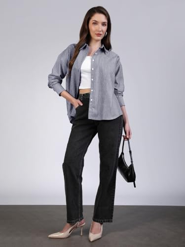 Image of Urbano Fashion Women's Cotton Full Sleeve Oversized Fit Casual Striped Shirt with Spread Collar