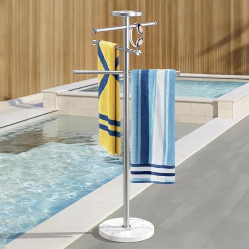 KES Hot Tub Towel Rack with Natural Marble Weighted Base, Pool Towel Holder Standing Towel Rack Outdoor 18/8 Stainless Steel, Adjustable 3 Arms with Storage Tray, Brushed Finish OTR200-2