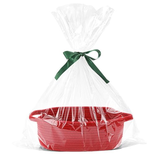 Hiseng Cesti Regalo Vuoto con Sacchetti Regalo e Nastro, Cestini Portaoggetti Intrecciato in Corda di Cotone con Manici, Cestini Regali per Natale, Matrimoni, Compleanni, Pasqua (rosso)