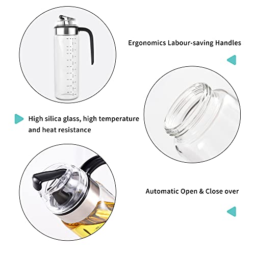 Huohua Automatic Switch Olive Oil Dispenser Bottle，Wide Opening For Easy Refill And Cleaning, Clear Glass Oil Bottle, Pouring Spouts, 18.6 Oz，Non-Drip Spout，Non-Slip Handle Used For Cooking In #TOP3