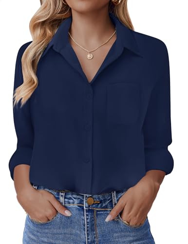 HOTOUCH Oversized Shirts for Women Button Up Long Sleeve Collared Blouse Drop Shoulder Tops with Pocket Navy Blue XXL