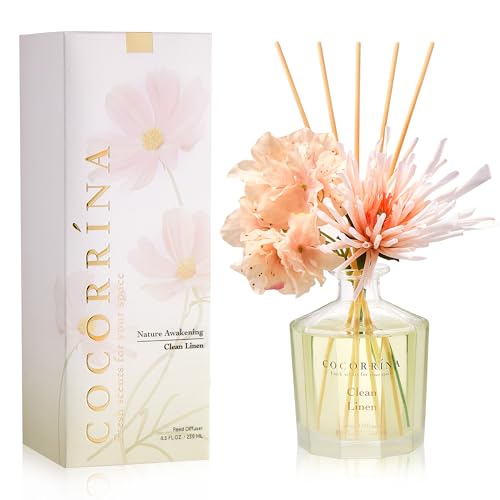 COCORRÍNA Fleur Diffuseur Parfum Maison, Linge Propre 250ml avec 8 Diffuseur Bâtonnets diffuseur de Parfum, Batonnets Diffuseur Parfum, Reed Diffuseur pour Salle de Bain étagère décoration