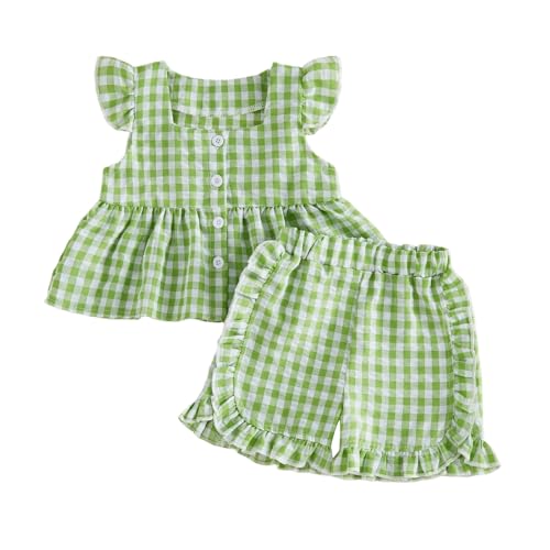 Thorn Tree Toddler Girl Clothes Sleeveless Button Down Shirts Ruffle Plaid Shorts Baby Smocked Outfits Girls Summer Outfit (Green Style A, 3-4T)