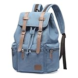 DTGN Vintage Canvas Backpack for Men & Women, Durable Casual Daypack with Leather Accent, Fits for College, Work, Travel, & Outdoor, Blue