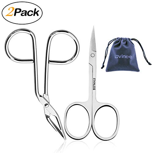 Eyebrow Scissor Tweezers-1pc Stainless Steel Scissor with Curved Sharp Edge Blades and 1pc Scissor Shaped Tweezer .Facial Hairs Tweezers Scissors,Makeup Tool Scissors Tweezers,Shape Eyebrow,Pack of 2