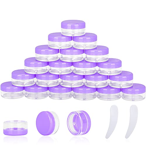 25PCS 3 Gram Sample Containers, 3ml Empty Jars with Lids, Small Cosmetic Containers, Mini Sample Jars with 2PCS Mini Spatulas for Make Up, Oils, Lotion, Powder, Paint, Jewelry, Lip Balms(Purple Lid)