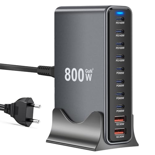 Cargador USB C de 800 W, Charger USB de 10 Puertos, Cargador rápido para Ordenador portátil, Fuente de alimentación PD Compatible con MacBook Pro/Air/DELL/iPhone/Galaxy/portátil/Tableta/móvil