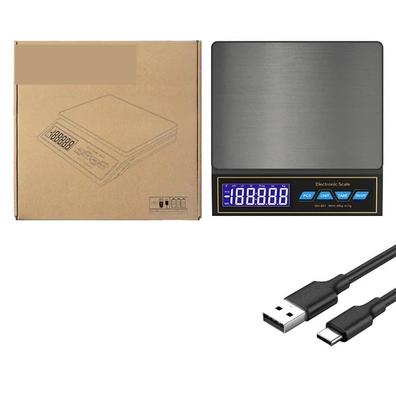 30kg x 1g Digital Kitchen Scale, Rechargeable Stainless Steel Food Scale with Counting Function, Heavy Duty Weight Balance for Home & Commercial Use