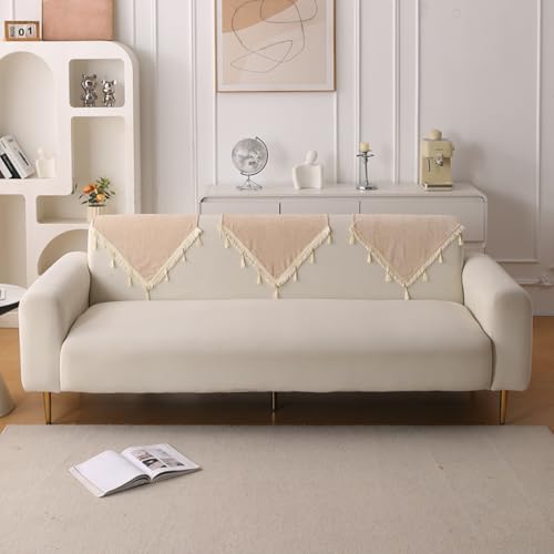 Image of HOKIPO 'Serenity Tassel' Chenille Sofa Back Cover with Tassels - 1 Pc Ivory Fringe (IN-894-BGE)