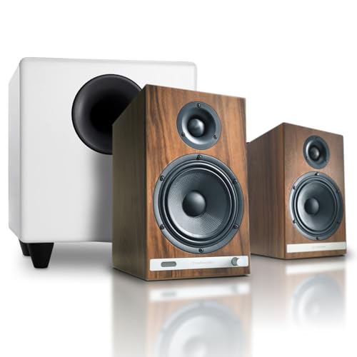 Image of Audioengine HD6 Walnut Powered Bookshelf Stereo Speakers and S8 White Subwoofer with Remote for Music Gaming Movies Studios Dorms Bedrooms Offices