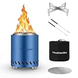 Smokeless Tabletop Fire Pit, VivaGarden Portable Outdoor Fire Pit for Camping, Patio, Backyard, Wood and Pellets Burning Camping Stove with Carry Bag, Forks, Mat and Pot Stand (9.7x7.1 Inch, Blue)