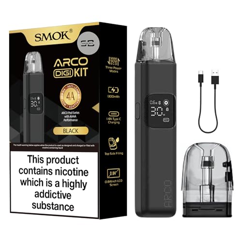 Smok Arco Digi Vape Kit [Black] - Available in 6 colours - 2A Fast Charge, 1300mAh Battery, 30W Output, 0.84” Display, 3 Power Modes - Compatible with Arco Pods - No Nicotine