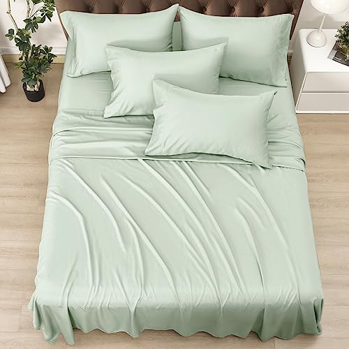 Phf 6 Piece 100% Bamboo_Sheets Set Queen Size, Wider Elastic Band Cooling Bed Sheets Set For Hot Sleeper, 16 Inch Deep Pockets, Ultra Soft Smooth Breathable Bamboo_Bedding Sheets, Sage Green #TOP5