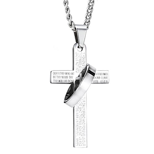 Fervent Easter | Christmas | Men's Necklace - Cross Chain [Lord's Prayer] Cross & Ring Halo - Stainless Steel - Gift for Him