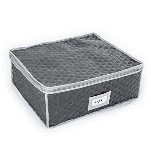 China Cup Storage Chest - Quilted Fabric Container In Gray Measuring 16" X 13" X 6"H - Perfect Storage Case For Coffee Cups - Tea Cups - Mugs #TOP2