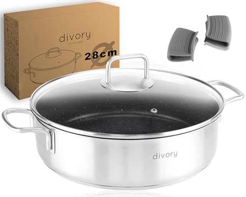 DIVORY Schmorpfanne 28cm Induktion, Servierpfanne mit Deckel 4,6l Edelstahl – beschichteter Kochtopf backofenfest, Schmortopf hoher Rand, Spülmaschinengeeignet (Ultime, 28cm)