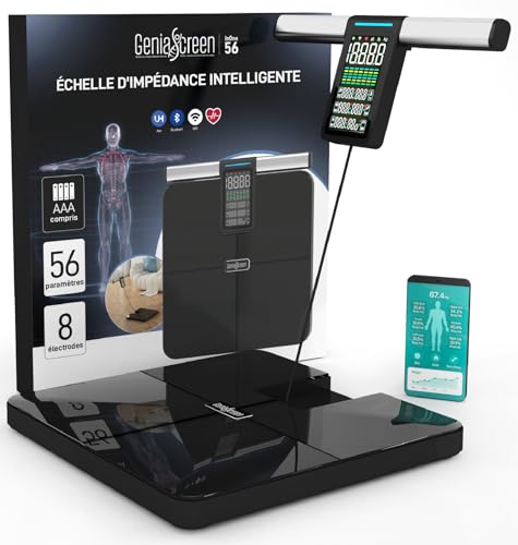 Balance Impédancemètre Pese Personne Électronique en Verre Trempé GeniaScreen InOne Max 220Kg - 56 Données Corporelles pour Masse Musculaire Graisse IMC - Balance Bluetooth Wi-Fi avec 8 Électrodes