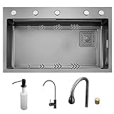 WIQUYBML Küchenspüle aus Edelstahl 304 mit Wasserfall-Effekt, ausziehbarer Armatur, Seifenspender und integriertem Waschbecken (Farbe: Schwarz, Größe 75 x 46 cm)