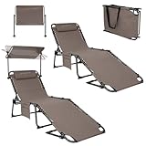 KingCamp 2 Pack Tanning Chair with Face Hole, Lounge Chairs Outdoor Folding Portable Comfy Adjustable 5-Position Foldable Chaise Chaser with Canopy Shade for Outside Beach, Beige