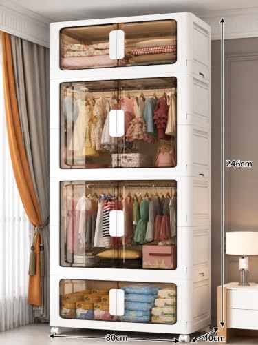 Image of Plastic Wardrobe for Cloths | 4 Layer Stackable Almirah with Hanging Rod, Transparent Doors, Wheels | Foldable Storage Cabinet Organizer for Clothes /Books /Toys (SJ-White, 4-Door)
