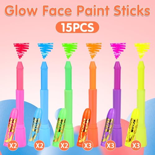 15PCS Glow Body & Face Paint,Glow in The Under UV Light or Black Light,Makeup Face Paint for Kids and Adults Halloween Club Birthday Party Masquerade,Neon Glow Party Supplies