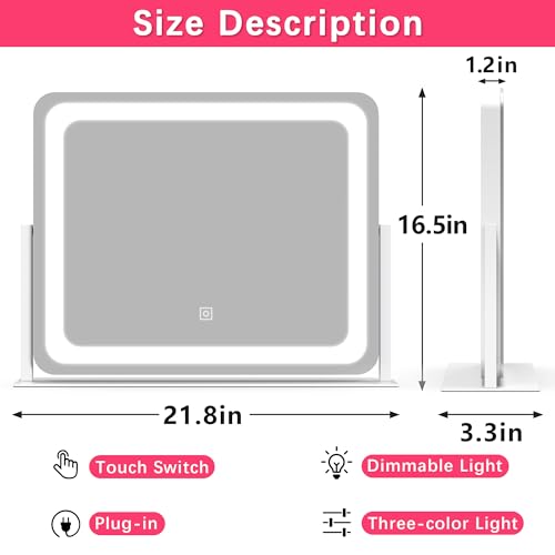 22x17 Inch Lighted Vanity Mirror with Dimmable LED Lights - 3 Color Modes, Smart Touch Control & 360° Rotating Base - Desk Makeup Mirror (White)