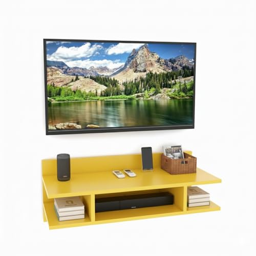 Image of Engineered Wood Set Top Box Stand | Wall Mounted TV Unit Shelf for Router, WiFi, DVD, Gaming Console | Sturdy & Space Saving TV Accessory Organizer (Brown, 50 x 20 x 15 cm) (Yellow)