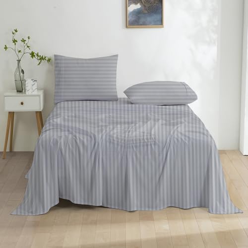 Cottington Lane 4 Piece Twin XL Size Sheet Set, 100% Egyptian Cotton Bed Sheets Fits 15 inch Deep Pocket Mattress, Cool & Durable Luxury Bedding, Light Grey Stripe