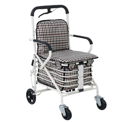Bxzzuis 老人用 手押し車 折りたためる フットペダル付き 高齢者 買い物カート 座面付き 高さ調節 ブレーキ付き (高齢者用ベビーカー【ホワイト】ペダルなし+背もたれなし)