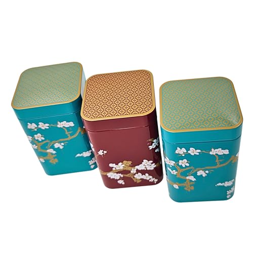 MediMuc Lata de jade japonés de 100 g cada uno, juego de 3 unidades, con flores blancas lacadas, tapa de cierre, lata de té (largo x ancho x alto) 7,0 x 7,0 x 10,9 cm de volumen, aprox. 530 ml