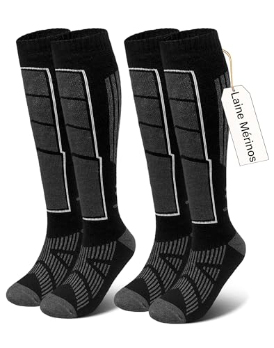 Vebroert Chaussettes de Ski en Laine Mérinos – 2 Paires Chaussettes Thermiques Hautes Homme Femme Respirantes et Chaudes Idéales pour Ski Randonnée Hiver Cadeau Noël Taille Noir EU 39-42