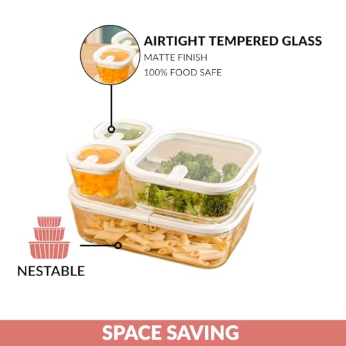 Image of Nestasia Vento Glass Containers with Lid Set of 4 (220ml x 2, 1320ml x 1, 2500ml x 1) - Microwave, Refrigerator & Dishwasher Safe Containers with Air Vent Lid for Fridge Storage (Cream)
