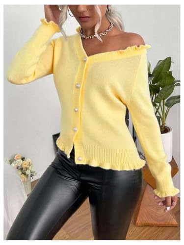 Image of Verdusa Women's Ruffle Trim V Neck Button Down Long Sleeve Knit Cardigan Sweater