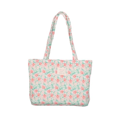 Image of Floral Quilted Cotton Shoulder Bag for Women Daily Use Medium Size Handbag Large Capacity Thickened Design Tote