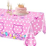 AFZMON 1 Pack Pink Kitty Tablecloth, Cat Disposable Plastic Pink Bow White Dot Table Covers for Birthday Party Decorations, Baby Shower Party Decor Supplies- 54 X108in