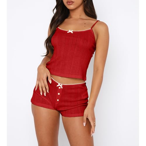 Image of Women's Two Piece Outfit Lace Trim Top and Shorts Set 2 Piece Lounge Sets Ladies PJs Summer Clothes